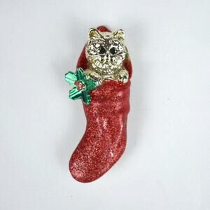 Vintage Signed AJC Gold Tone Christmas Holiday Kitty Cat in Red Glitter Stocking